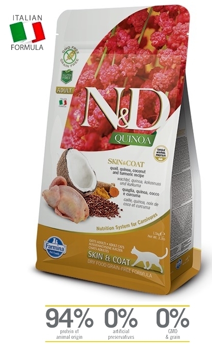 N&D Cat Skin & Coat Ad. Quail-Quinoa (viiriäistä) viljaton, kanaton ja kalaton* kissan täysravinto